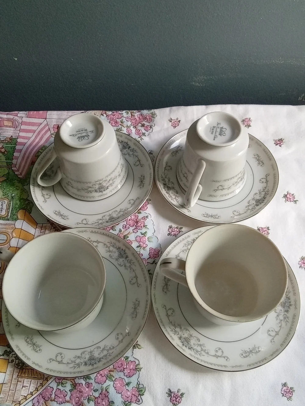 Fine Porcelain China Diane Japan Tea‎ Cup and Saucer Set of 4 Grey Floral Silver